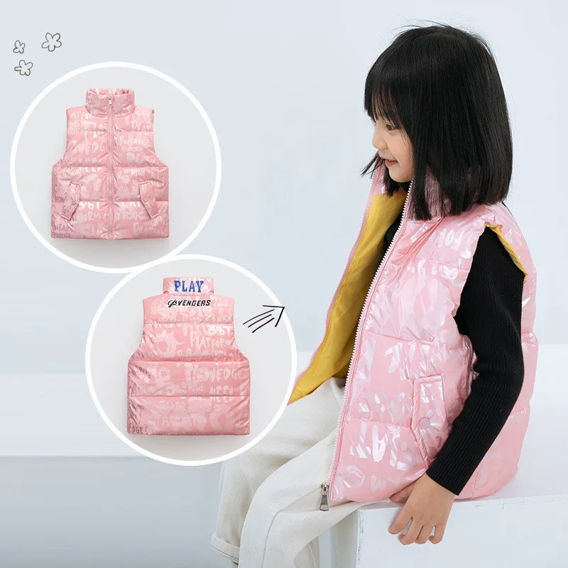 

Autumn And Winter Children's Warm Duck Down Vest Boys And Girls Vest Letters Graffiti Printing Waterproof High Collar Sleeveless