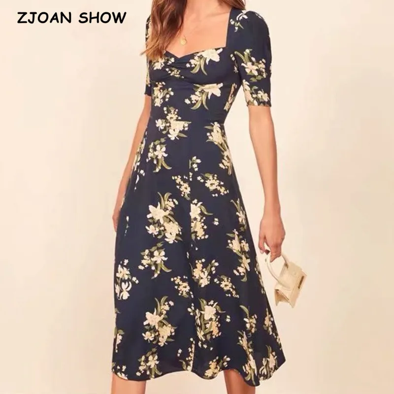 

Vintage Heartline Square Collar Midi Dress French Navy Floral Print Swing Dresses Fashion Short Puff Sleeve Long Holiday Robe