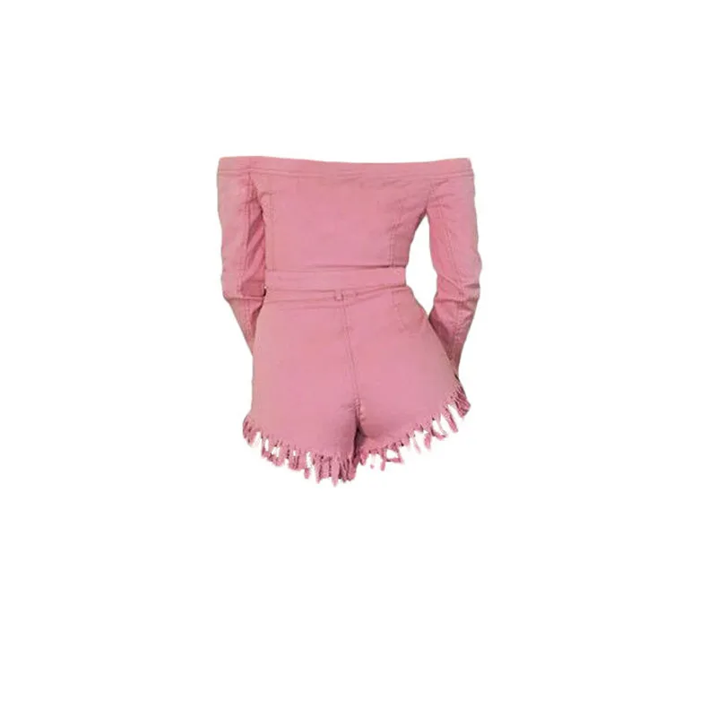 

Spring Sexy Off Shoulder Two Piece Set Pink Denim Bodycon 2pcs Set Women Long Sleeve Top And Shorts Suit Party Club Wear Outfits