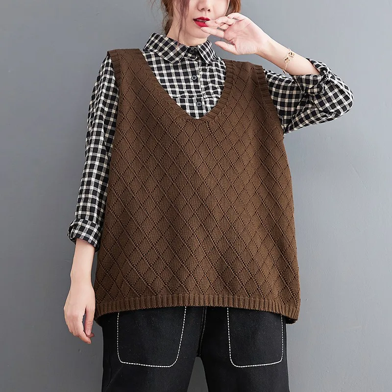 

Women Casual Sweater Vests New Arrival 2021 Autumn Simple Style Vintage V-neck Loose Female Sleeveless Knitted Pullovers B1215