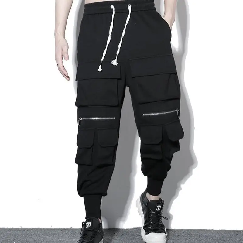 Men's Casual Sports Pants Fall/Winter New Solid Color Elastic Waist Multifunctional Pocket Design Loose Zipper Tactical Pants