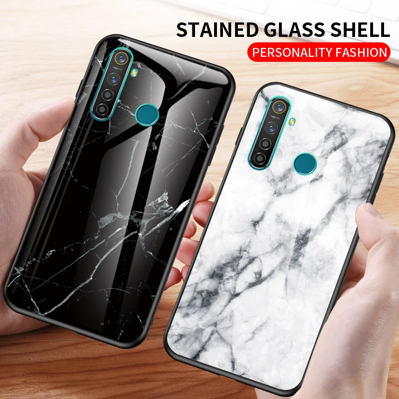 Чехол Rezzol для Realme Q роскошный стеклянный мраморный гибридный мягкий силиконовый