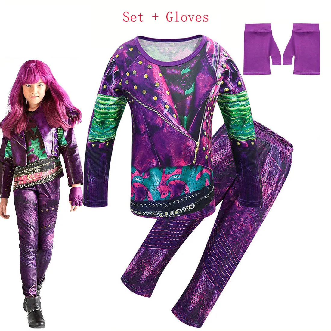 Kids Descendants 3 Costume for Girls Evie Cosplay Costume Children Long Sleeve Zentai Funny Party 3D T-shirt+pants Clothing Sets