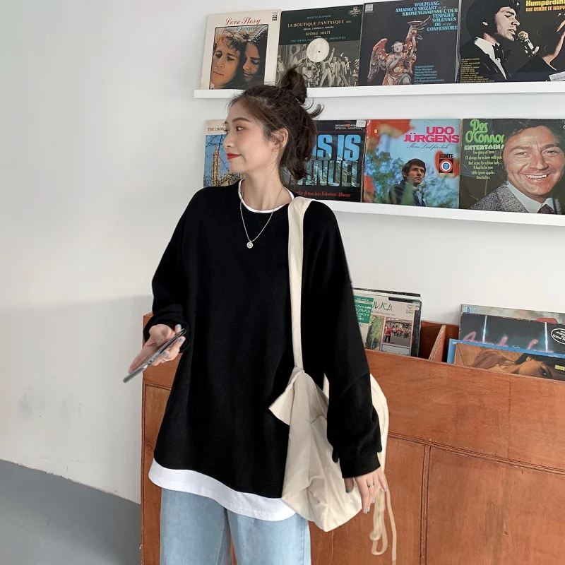 

Корейские осенние толстовки большого размера, Новые однотонные с круглым вырезом и длинным рукавом, широкие