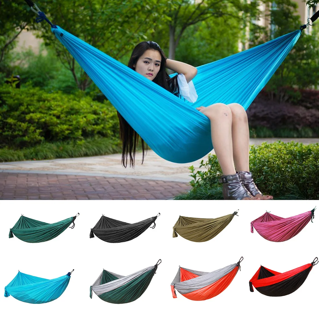 

Single Double Hammock Adult Outdoor Backpacking Travel Survival Hunting Sleeping Bed Portable With 2 Straps 2 Carabiner