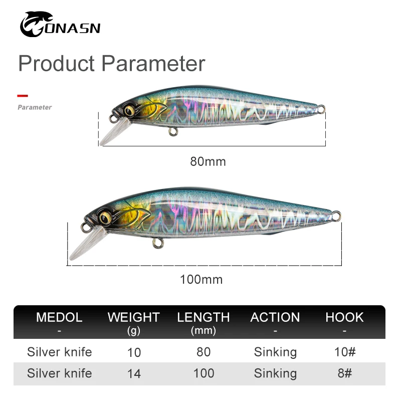 ONASN SLIVER-KNIFE Minnow Fishing lures Sinking 100mm 80mm Hard Baits High Quality Jerk baits Wobblers Sea Bass Fishing Tackle