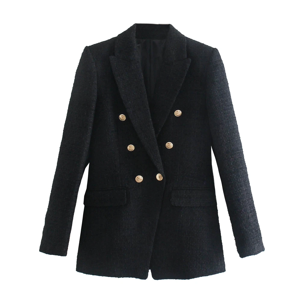 2021 Women fashion with metal button tweed blazer coat vintage long sleeve flap pockets female outerwear women's tweed jacket
