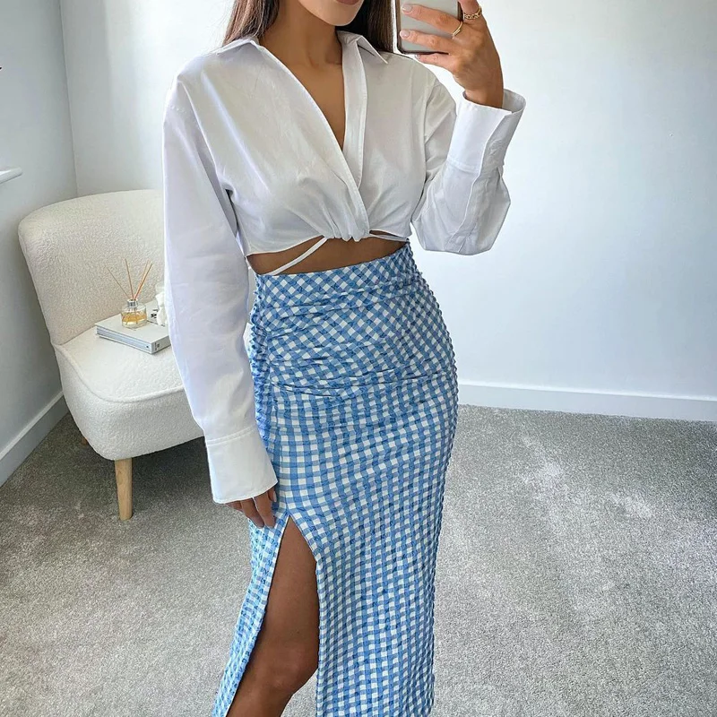 

LVWOMN Za Women 2 Piece Set Plaid Asymmetry Top Blouse Women + Elegant Ruched High-Waisted Plaid Skirt Sexy Top Women Clothes