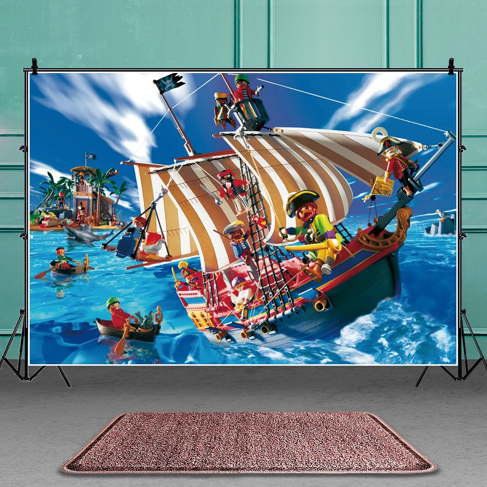 

Тематический фон для фотосъемки с изображением Карибского пиратского приключения, голубого моря, черепа, парусного корабля, детский день р...