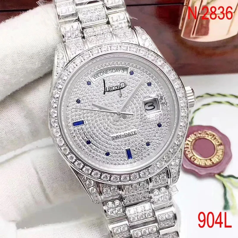 

Fashion Iced out watch silver Date-just- Full Diamonds bezel sapphire glass automatic winding ETA Noob 2836 movement 1: 1 Rol-ex