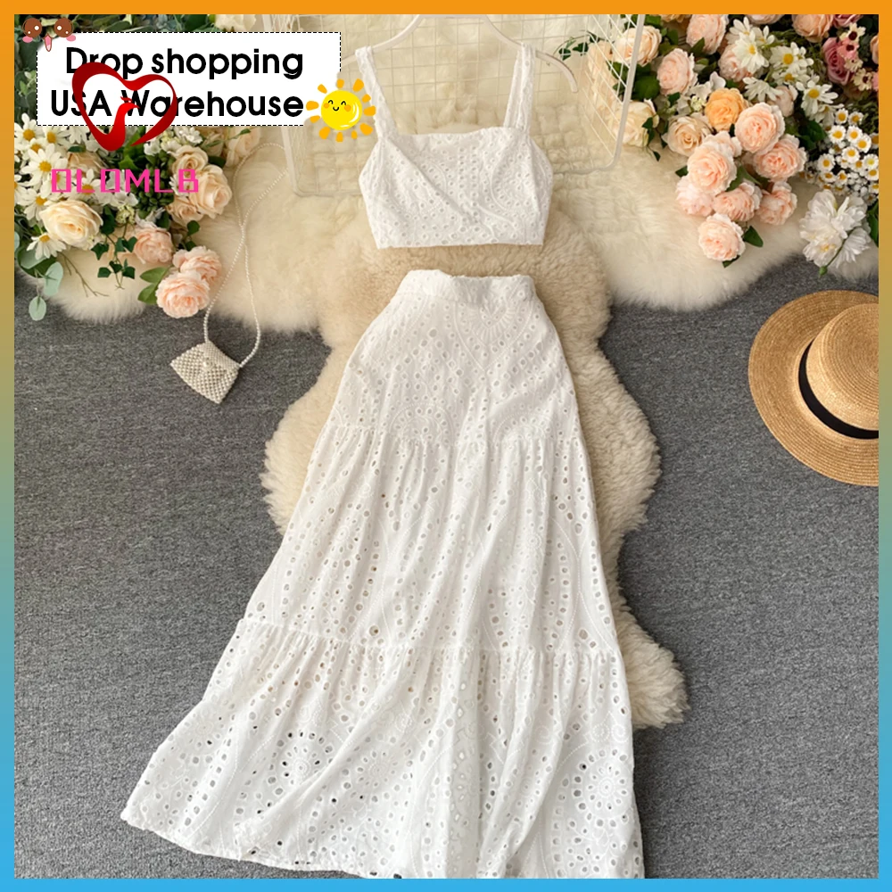 

Hollow Off Shoulder Strap Short Tops+Hollow High waist Midi Skirt Women Summer 2021 New French Vacation Two Pieces Set