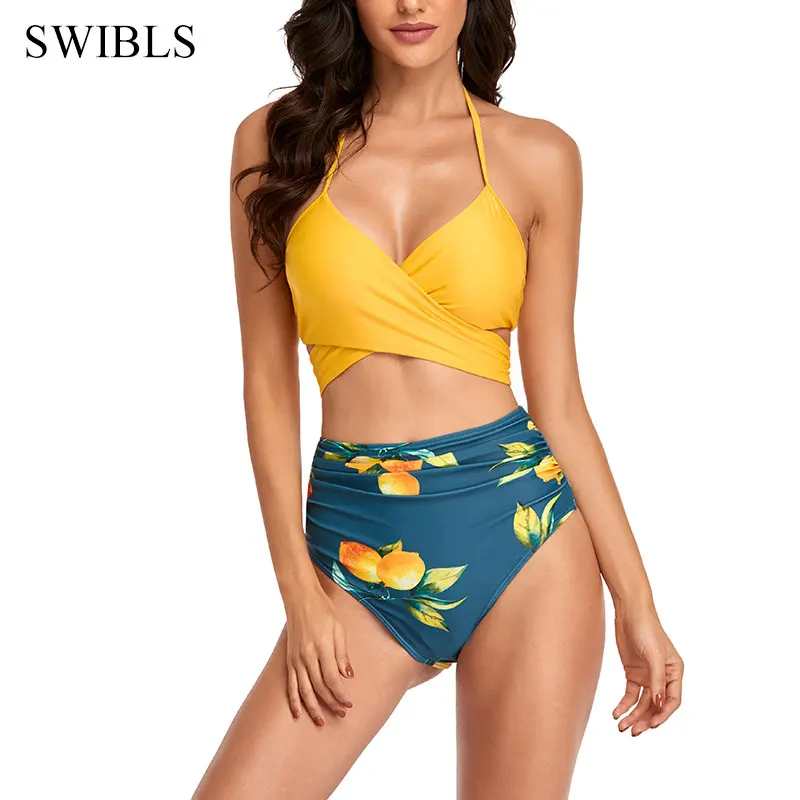 

2022 Woman Sexy Bikini Yellow Women Bathing Suits Floral Swimwear Swimming Suit Female Bather Swimsuits