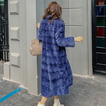 blue Женское длинное пальто из натурального меха норки с капюшоном и длинными рукавами, зимняя Толстая теплая женская Норковая Меховая куртка больших размеров - Цвет: blue