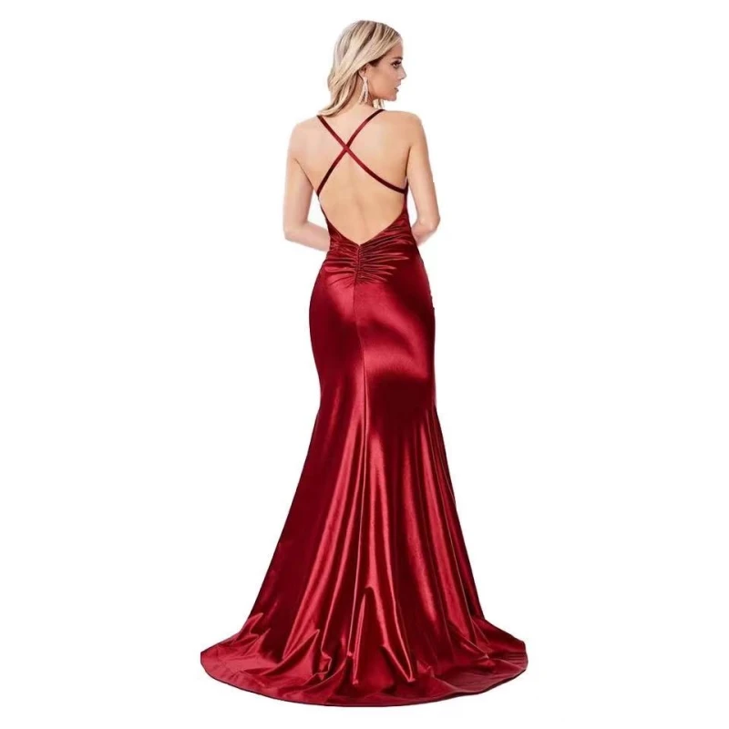 Сексуальное длинное однотонное вечернее платье футляр с открытой спиной без