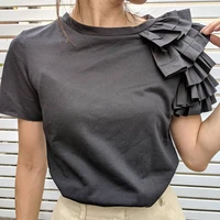 black white ruffles t shirt women korean japan 2021 summer solid casual short sleeve top tee new ladies indie tshirt streetwear