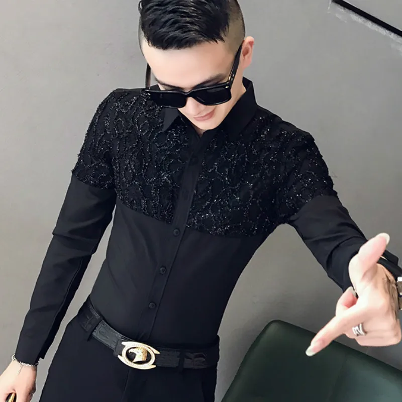 Мужская рубашка с длинным рукавом Camisa Masculina Повседневная приталенная кружевом