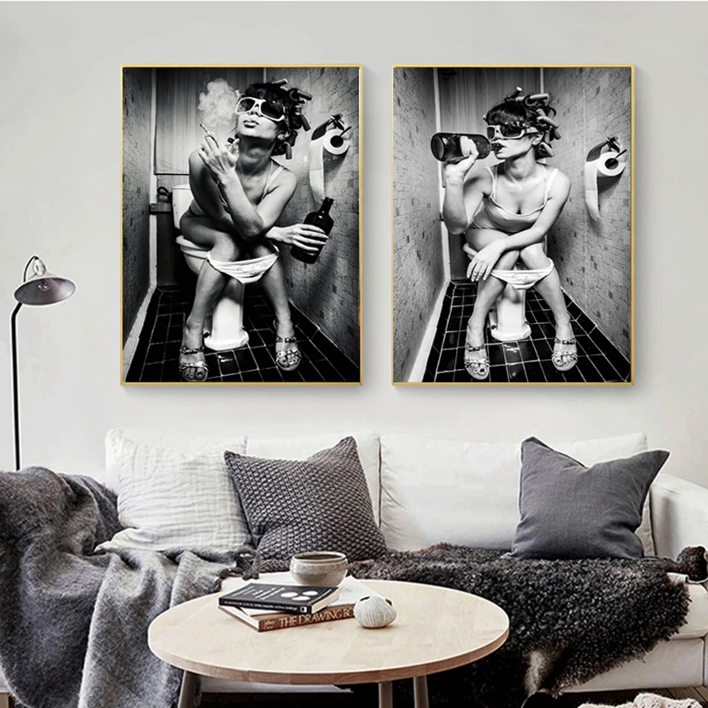 Modern Home Decor Black and White Nordic Poster Girl Drink Beer at Washroom Canvas Pictures for Living Room Coffee Bar Wall Art | Дом и сад