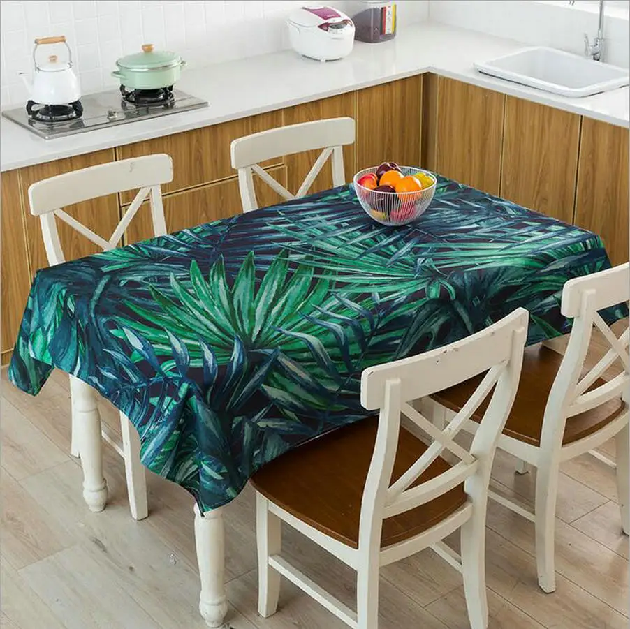 

Waterproof Linen Tablecloths Green Leaf Coffee Table Dust-Proof Table Cover Fabric Party Decor Tropical Plants Dining Tablecloth