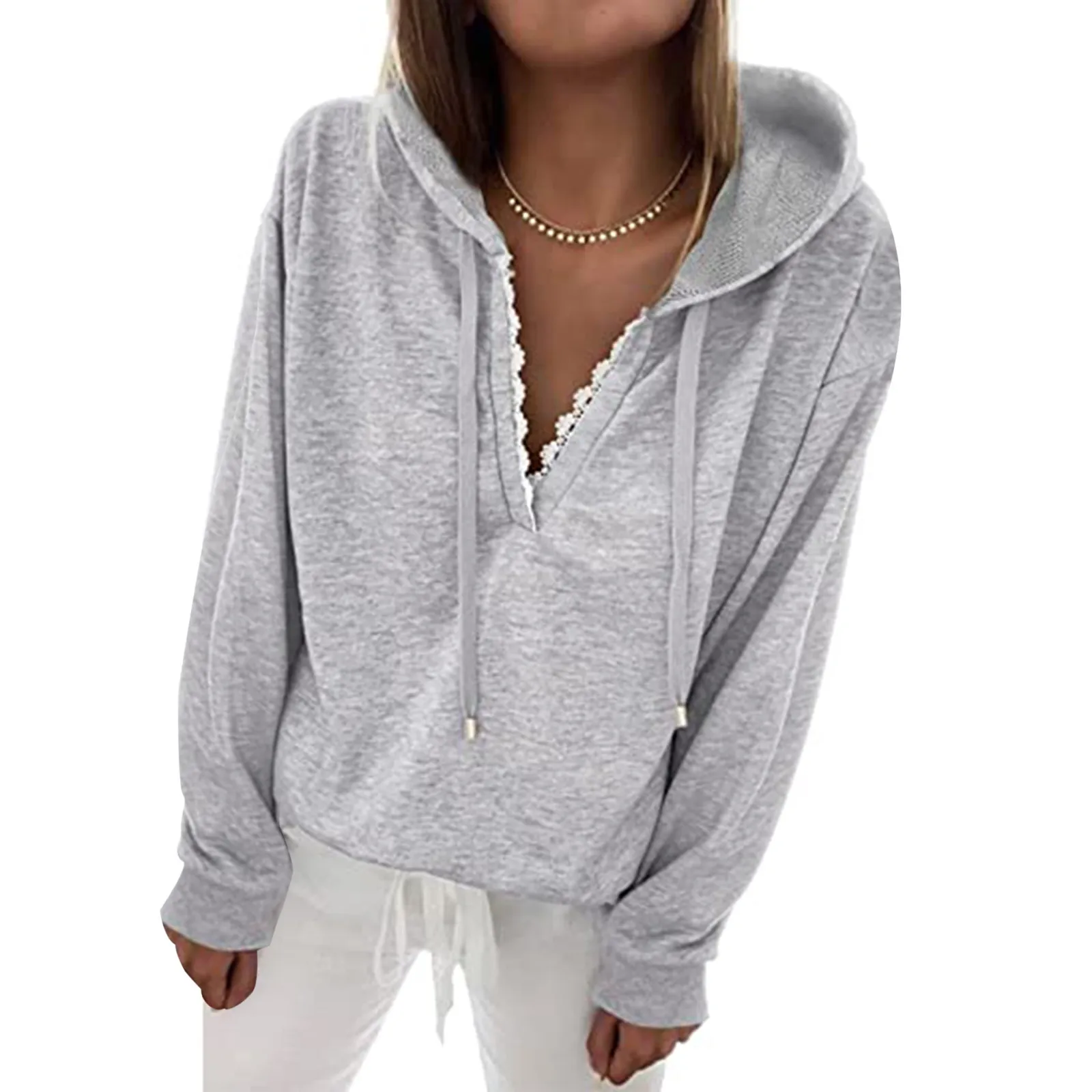 

Women Solid Hoodies Streetwear Casual Lace Patchwork Drawstring Hooded Pullover Top Autumn Female Sweatshirts Sudaderas#fs