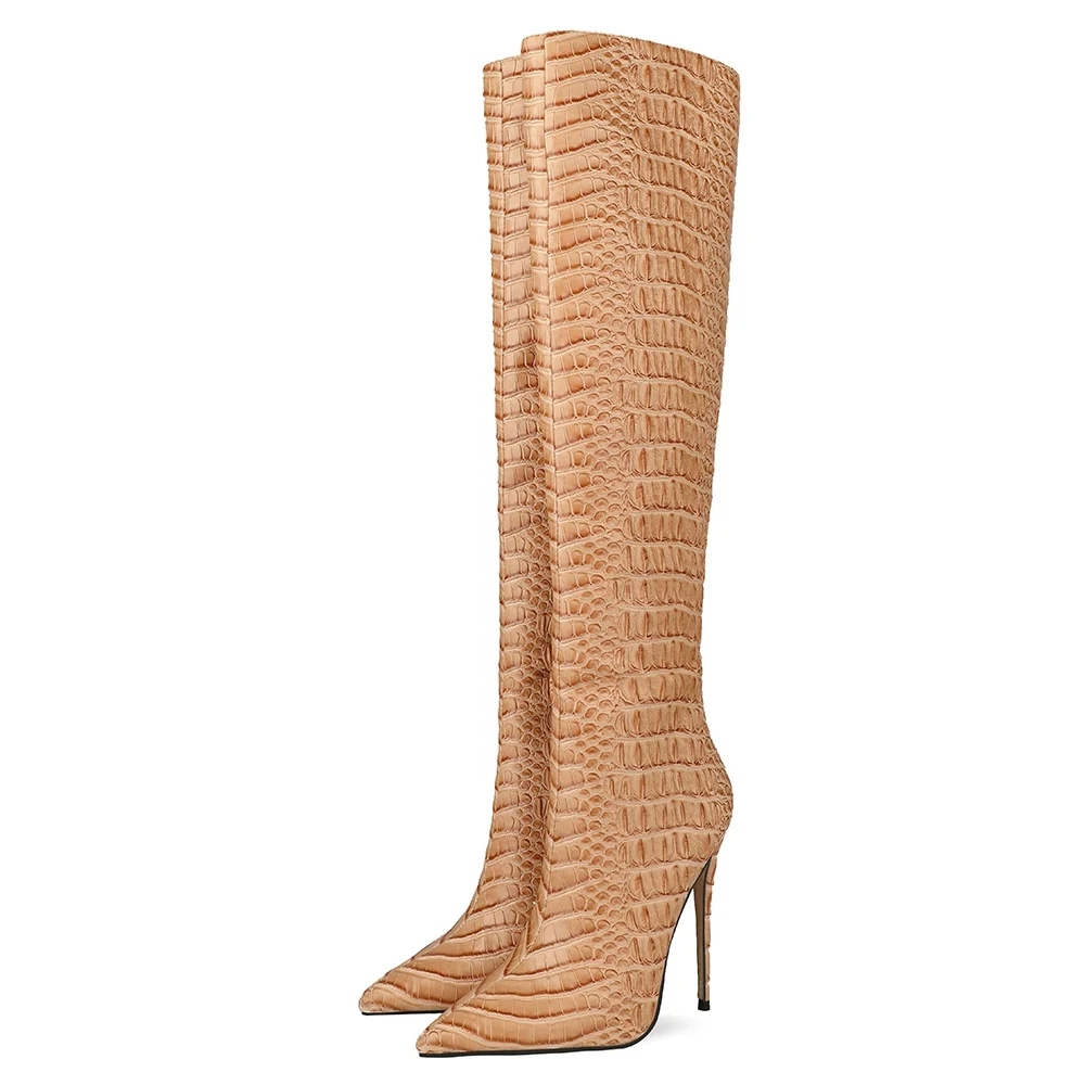 

Ohichiic New fashion crocodile skin women Pointed Toe High heel boots