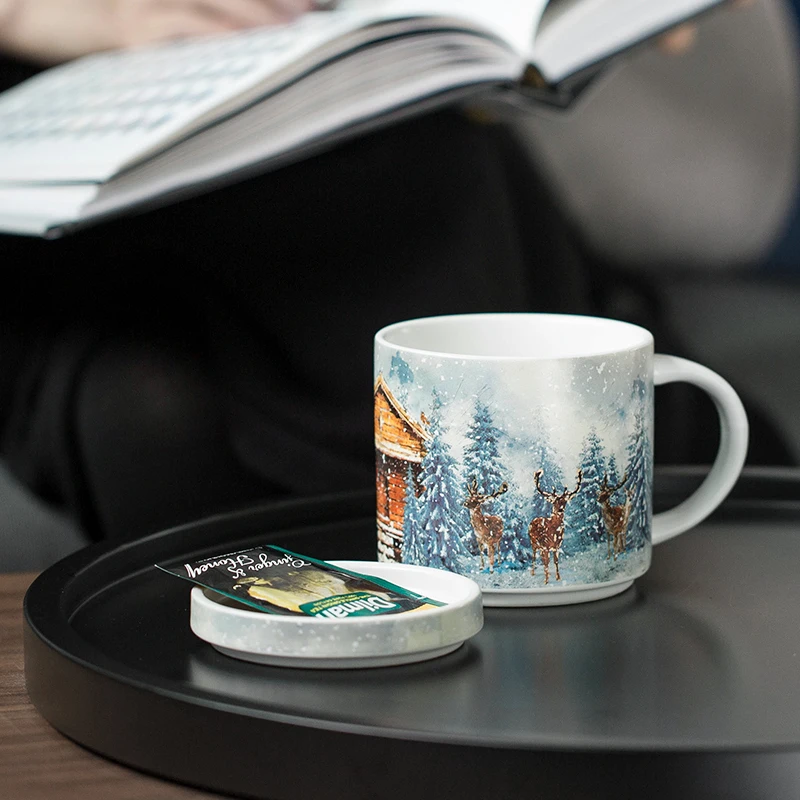OUSSIRRO 400ml Ceramic Cup Kit Porcelain Constellation Theme LuckyMerry Christmas Mug with Gift Box Christmas Gift for Friends