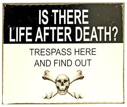 

Is There Life After Death Trespass Here & Find Out Distressed Look Tin Collectible Sign Gift