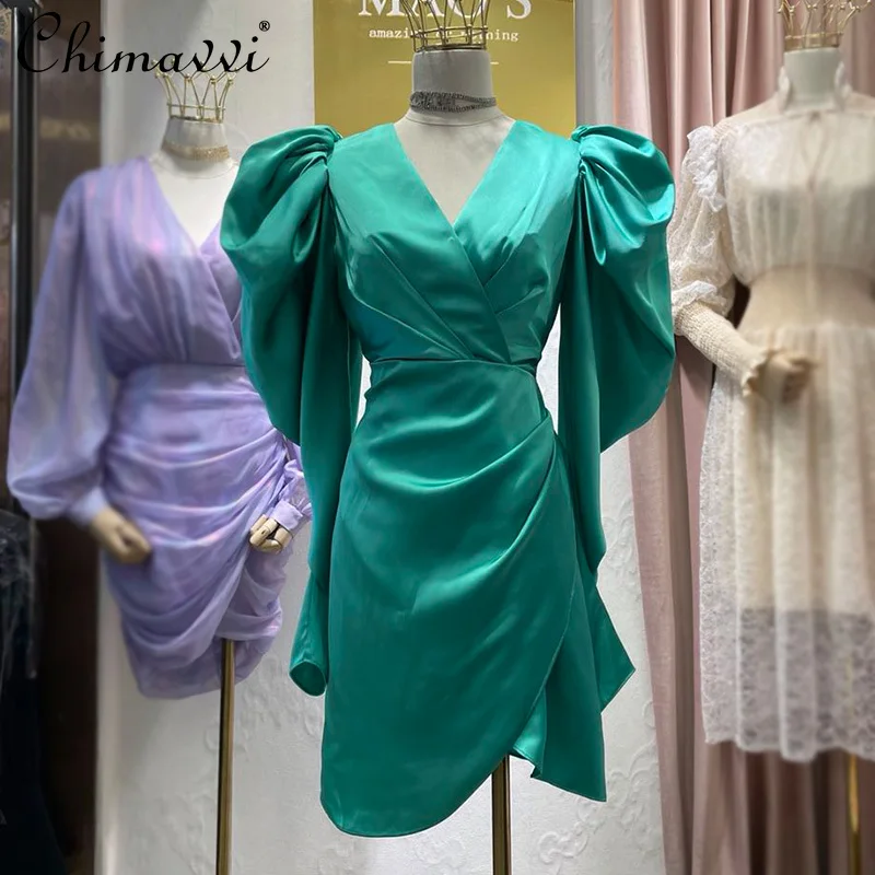 

Korean Fashion Womens Clothing 2021 Autumn Elegant French Bubble Long Sleeve Sheath Dress Sexy V-neck Slim Fit Bottoming Dress