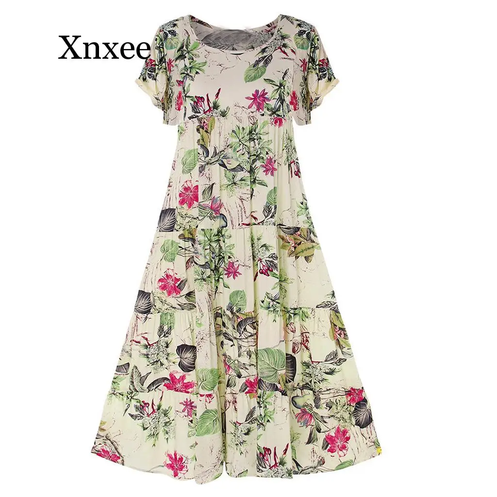

Summer New Fashion Womens Plus Size Casual Short Sleeve Boho Retro Linen Print Long Maxi Dress Wholesale floor length flower