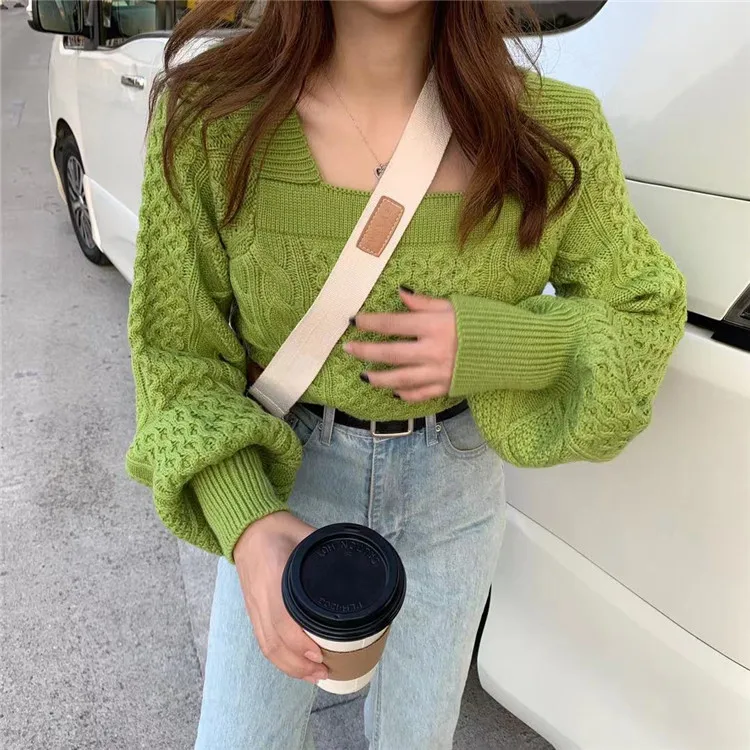 Женский вязаный свитер Woherb винтажный пуловер с квадратным воротником пышными