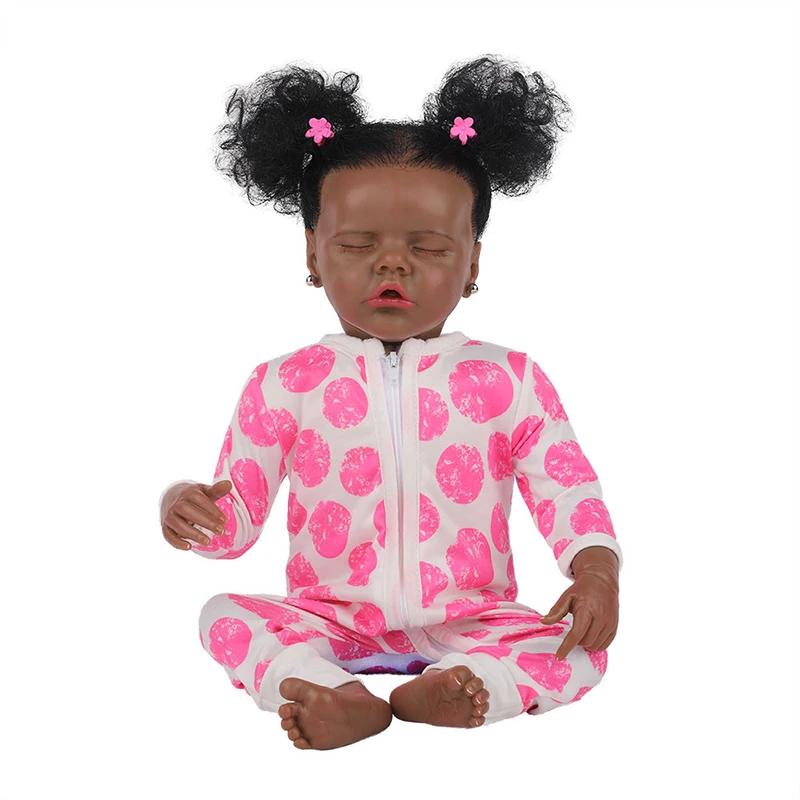 

43CM Black Skin Sleeping Reborn Baby Doll With Crooked Mouth 17Inch Lifelike Full-Body Silicone Baby Princess Bath Toy