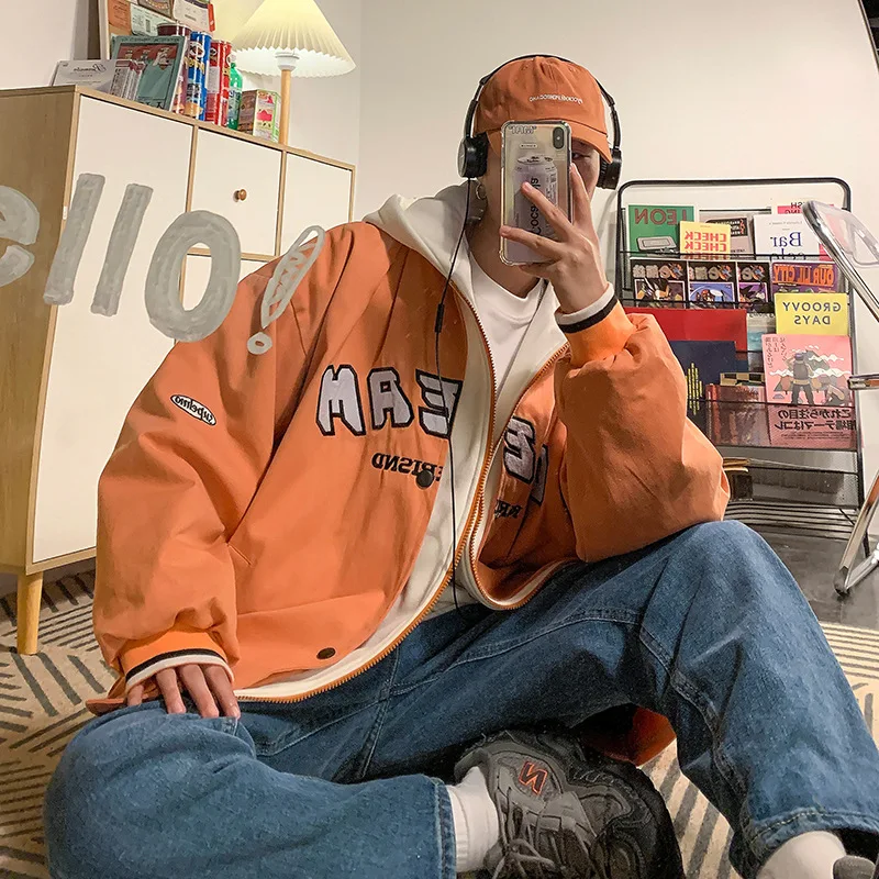 

2021 Spring and Autumn Japanese Trendy Fake Two-Piece Letter Baseball Uniform Men's Jacket Couple Hooded Jacket