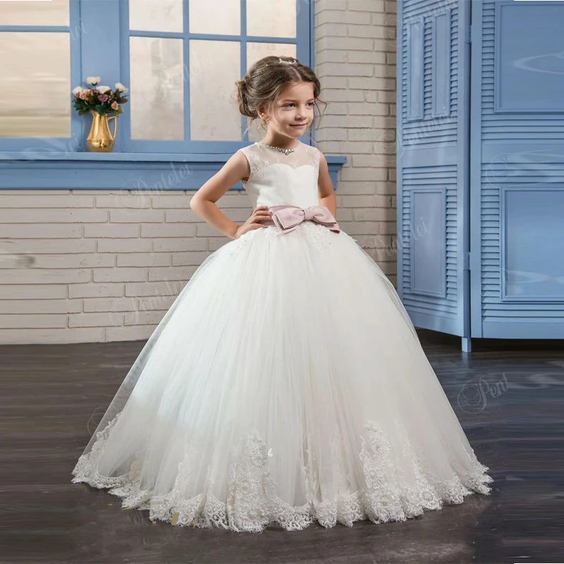 

Flower Girl Dresses Beading O-neck Lace Up Bow Sash Sleeveless Ball Gown Custom Made First Communion Gown Vestidos Longo