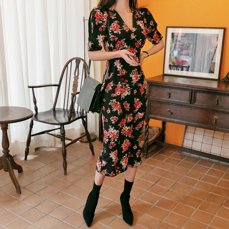 Женское платье миди в богемном стиле с v-образным вырезом длинным рукавом и