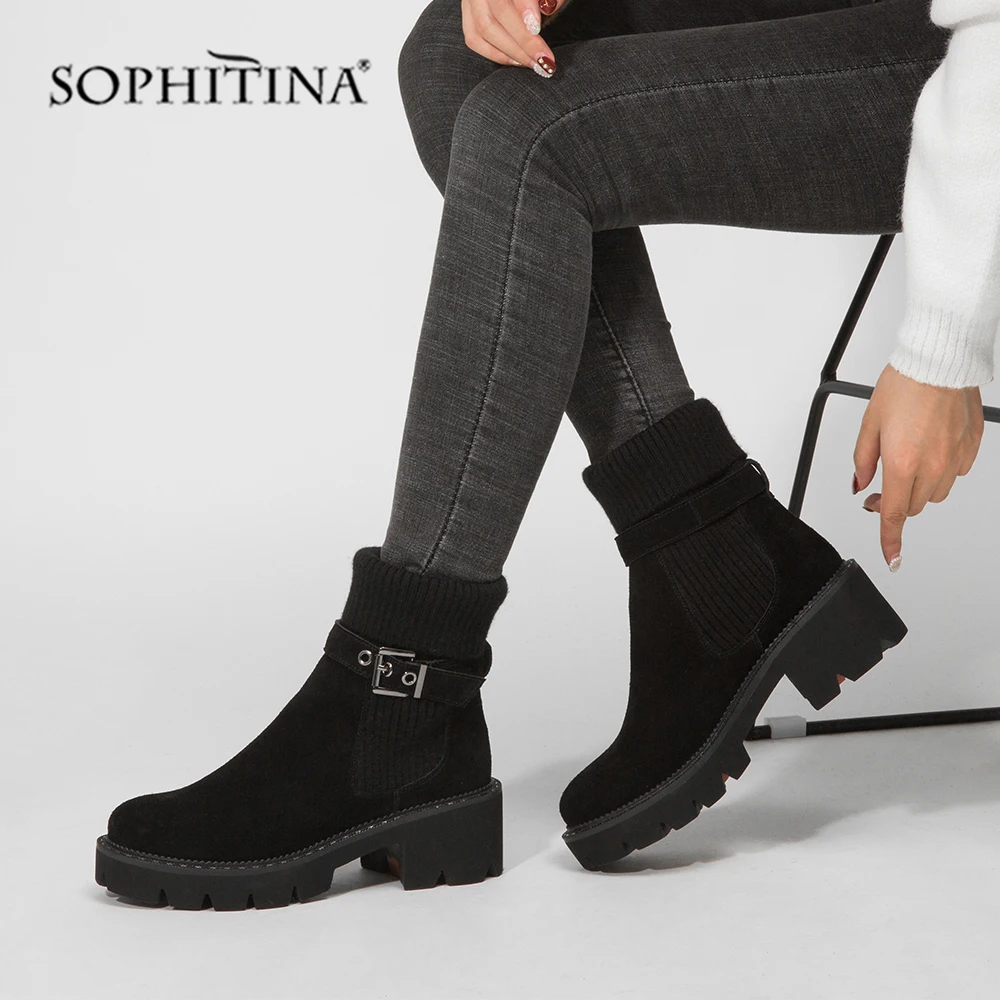 SOPHITINA/стильные женские ботинки; Повседневные слипоны ручной работы с круглым носком на квадратном каблуке; женские ботинки на высоком каблуке с металлическим украшением; MC241