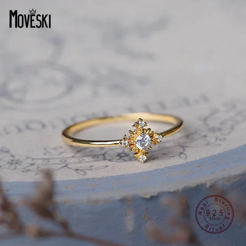 

MOVESKI 925 Sterling Silver Gold Plated French Vintage Inlaid Zircon Ring Women Exquisite Wedding Jewelry Wholesale