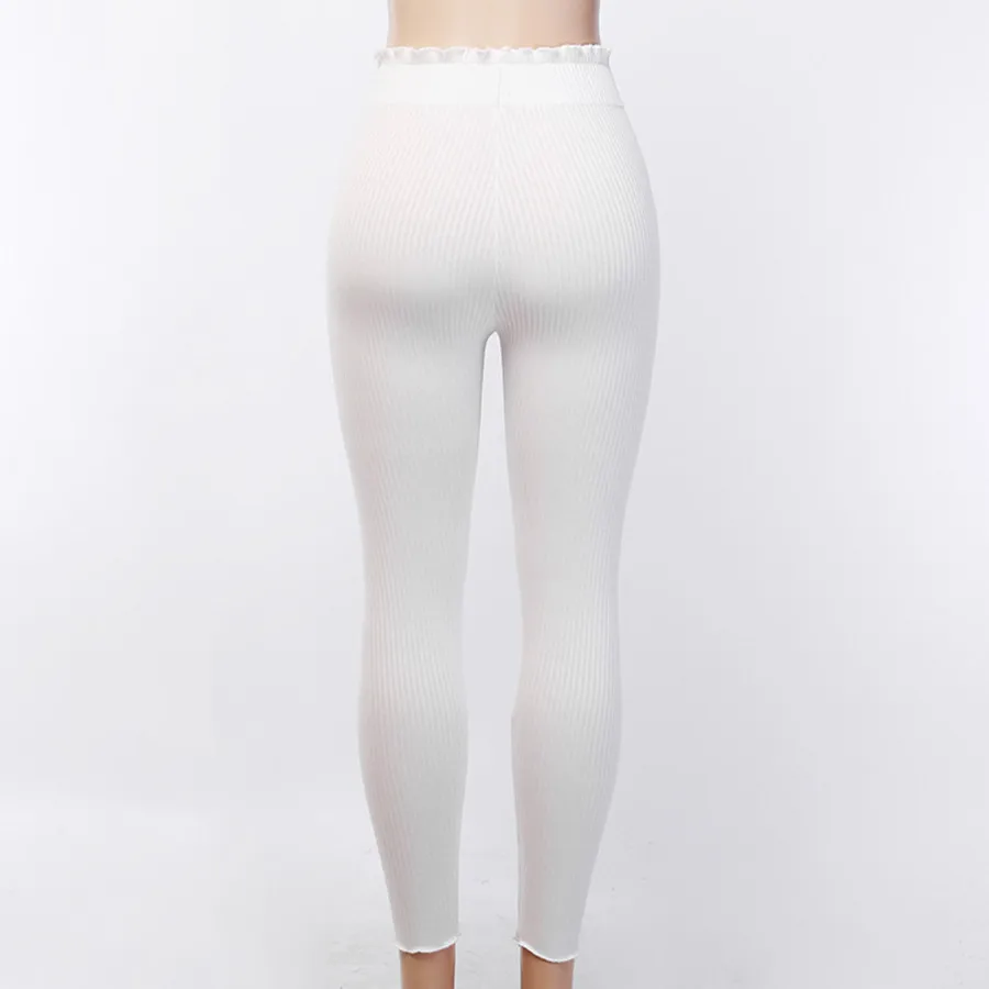

White Ribbed Stripe Knitted Skinny Pants Elastic High Waist Autumn Women Ruffles Pants Elengant Trousers Streetwear Pencil Pants