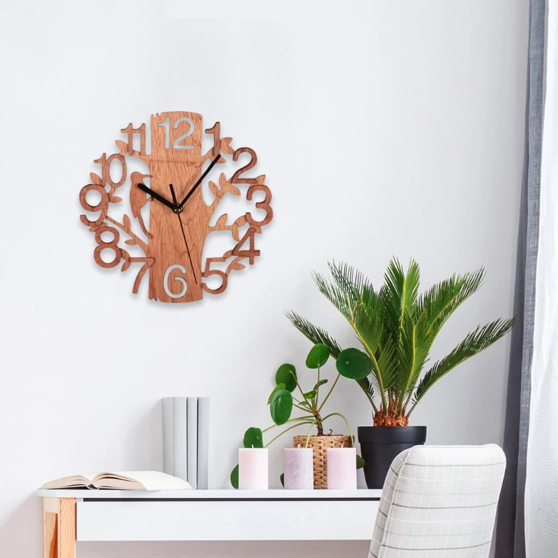 Q9QF Wooden Tree Shape Wall Clock Hanging DIY Round Watches Battery Operated for Office Living Room Home Decoration Supplies