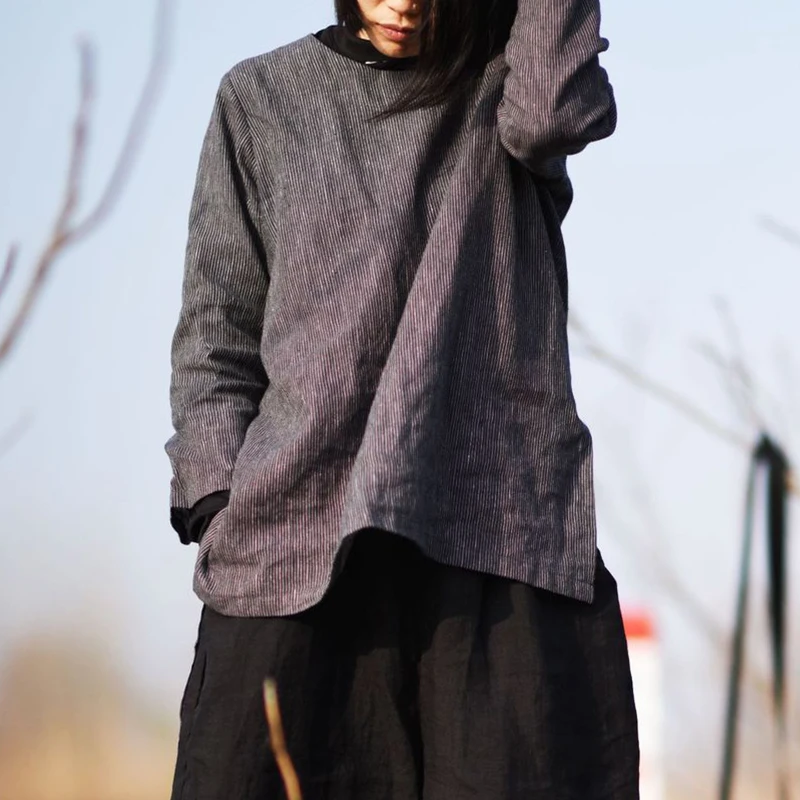 Женская футболка с длинным рукавом серая хлопковая льняная весна осень 2020