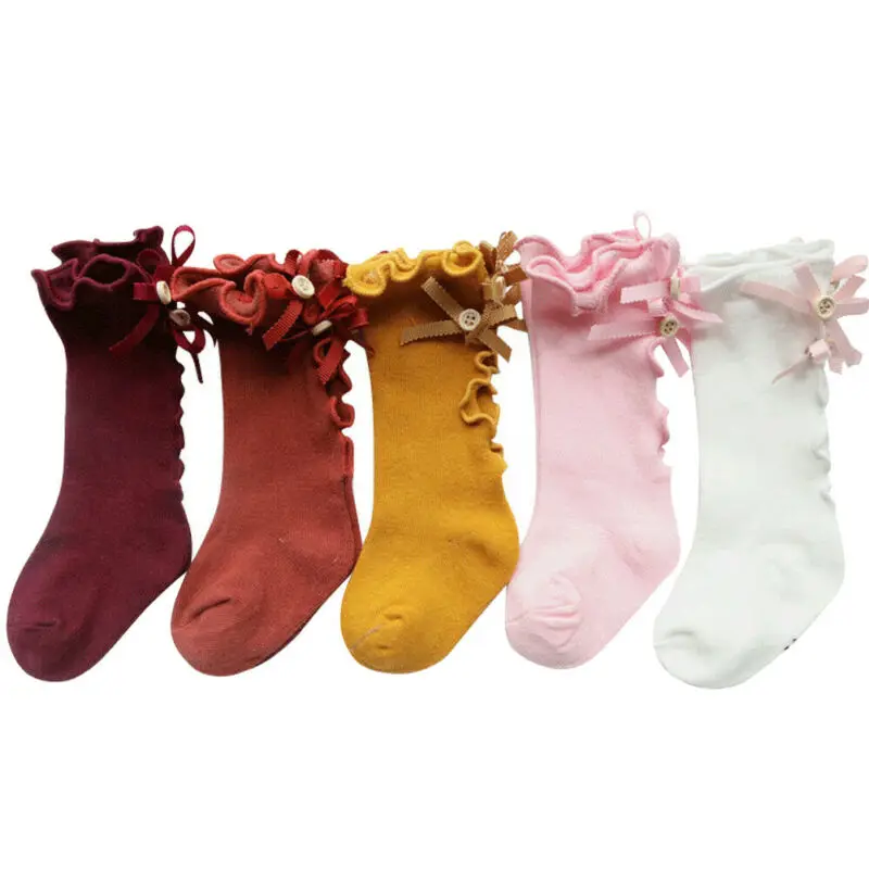 

Детские носки От 0 до 3 лет, зимние теплые хлопковые однотонные носки до колена с рюшами и бантом для новорожденных девочек и мальчиков, 6 цвет...