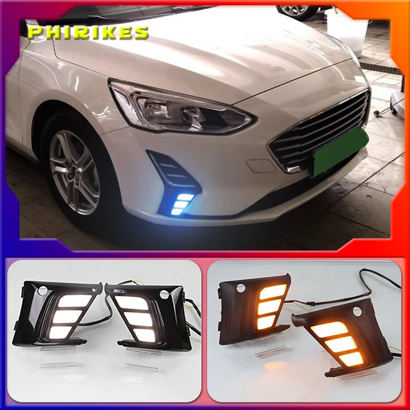 

Дневные ходосветильник для Ford Focus 2019, светодиодные противотуманные фары с желтым поворотным сигналом