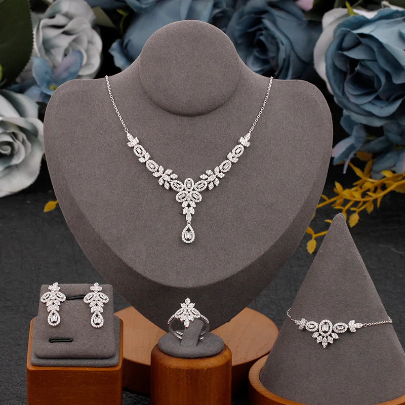 4 шт., набор украшений для свадьбы, ожерелье, серьги, кольцо