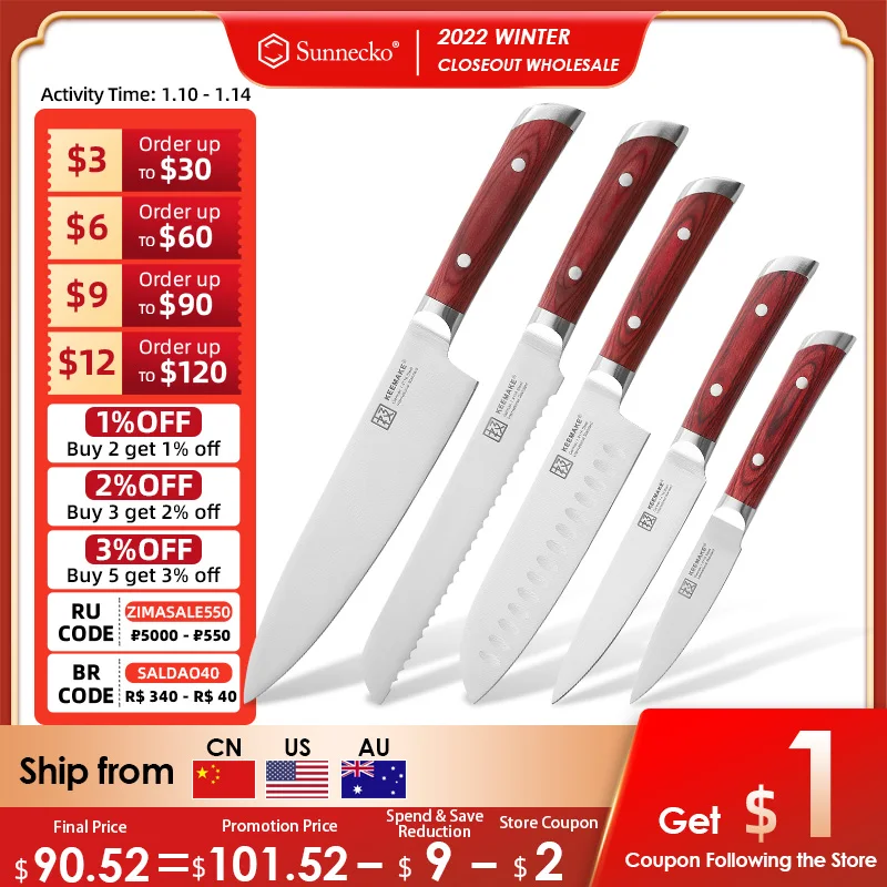 

Sunnecko 5PCS Kitchen Knife Set German 1.4116 Steel Blade Knives Chef Sets Utility Bread Santoku Paring Cooking Tools Sharp Cut