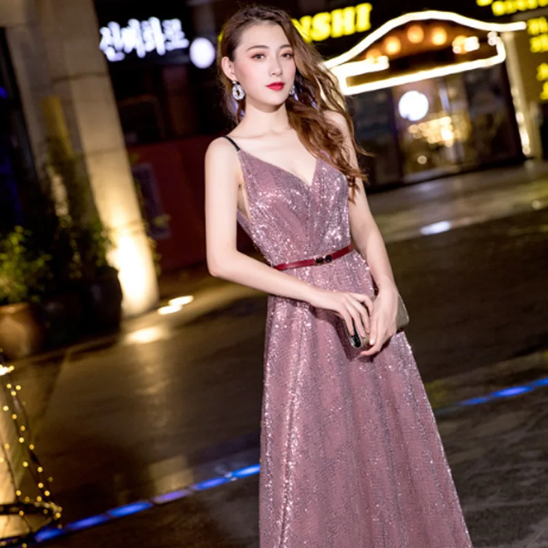 

Evening Dress Female New Banquet Elegant Temperament Host Long Slim Sling Ladies Party Dress Women Host Evening Dress