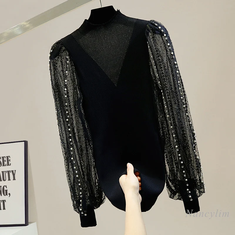 

Beads Diamond Stitching Mesh Lantern Sleeve Sweater Women Slim Fit Stand Collar Pullover Jumper Knitwear