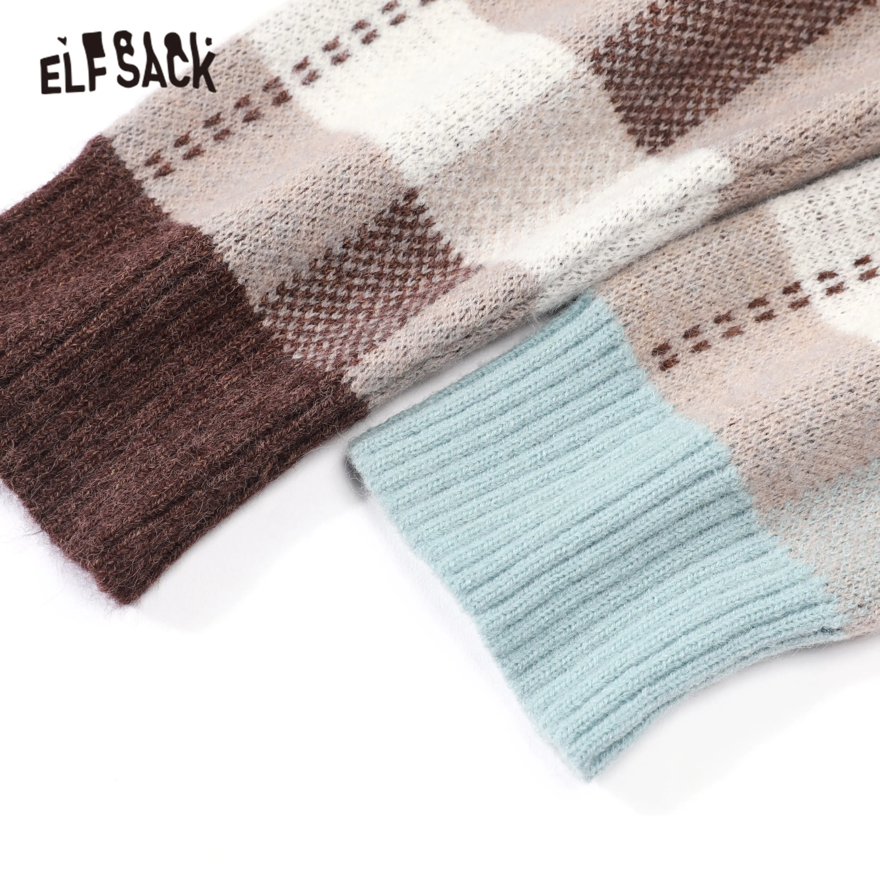 Женский трикотажный пуловер ELFSACK коричневый винтажный свитер в клетку