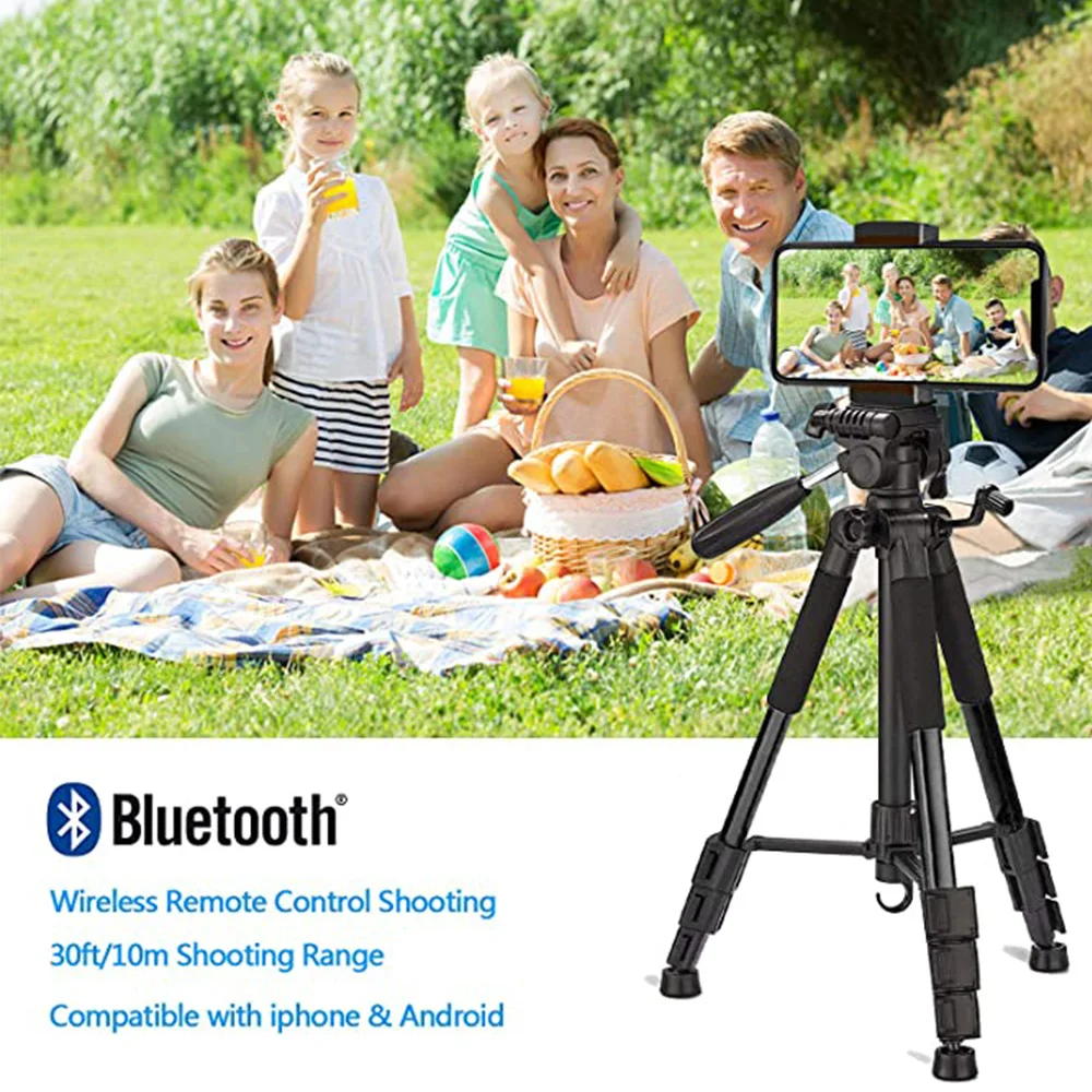 

67 inch Camera Tripod with Carry Bag, Portable Aluminum Travel Tripod with Bluetooth Remote & Universal Phone Mount for Camer