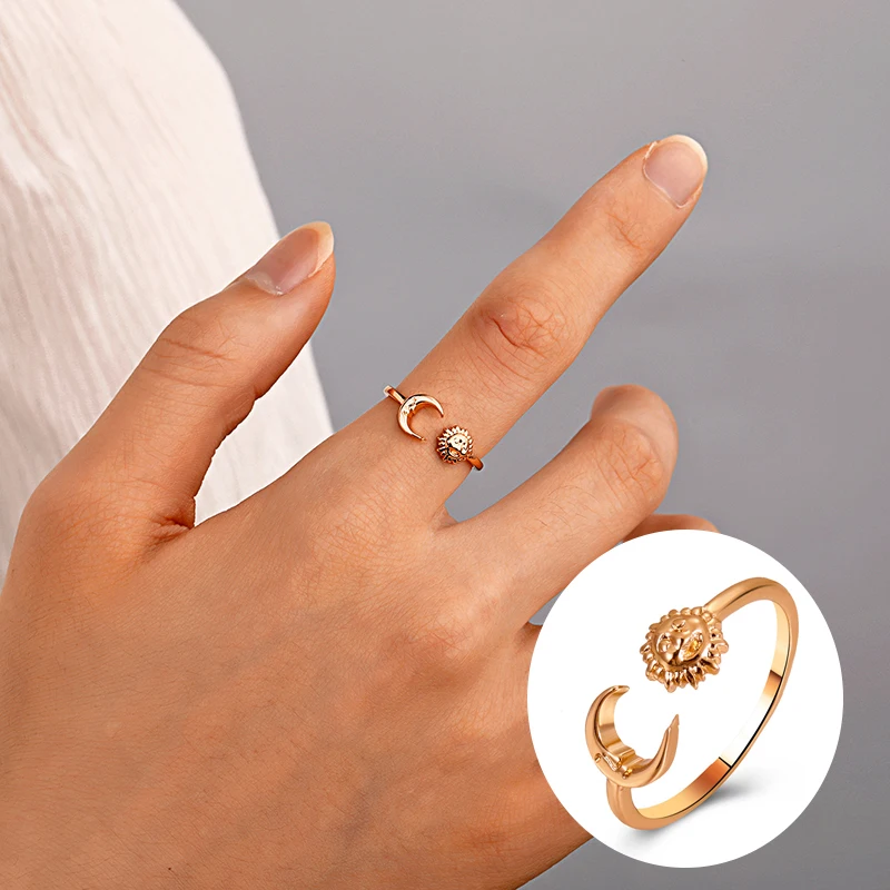 

Vintage Sun Moon Face Gold Silver Color Metal Rings for Women Girls Couple Adjustable Wedding Valentine's Day Rings 2021 Trend