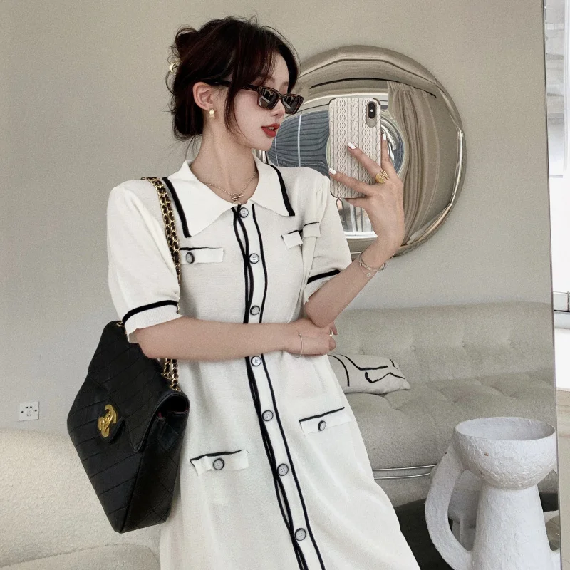 

Make firm offers han edition little sweet wind color knit collar loose dress