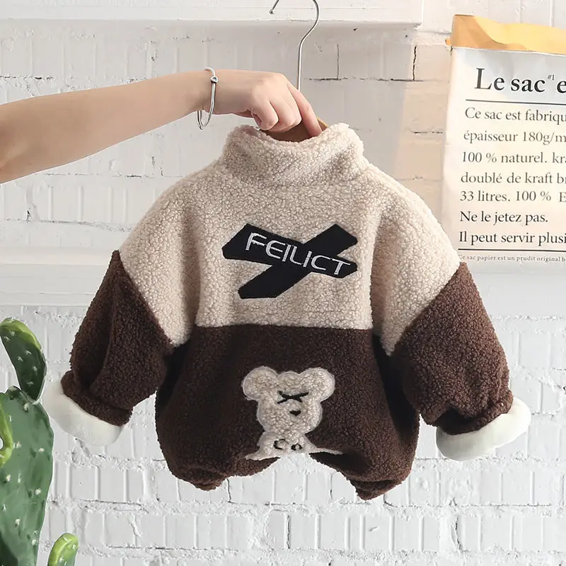 

Winter Boys Plus Velvet Children Thick Solid Color Jacket Boy Clothes Outerwear Baby Warm Kids Clothing Girls Coat Baby Woolen
