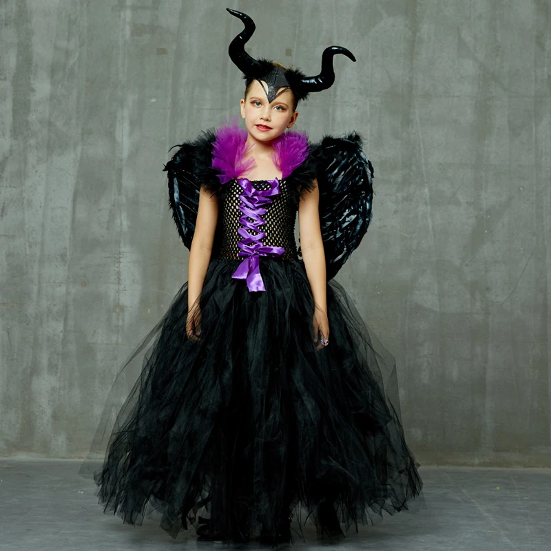Maleficent/черное платье-пачка с роскошными рогами и крыльями; нарядное платье для девочек; Детский костюм ведьмы для косплея на Хэллоуин